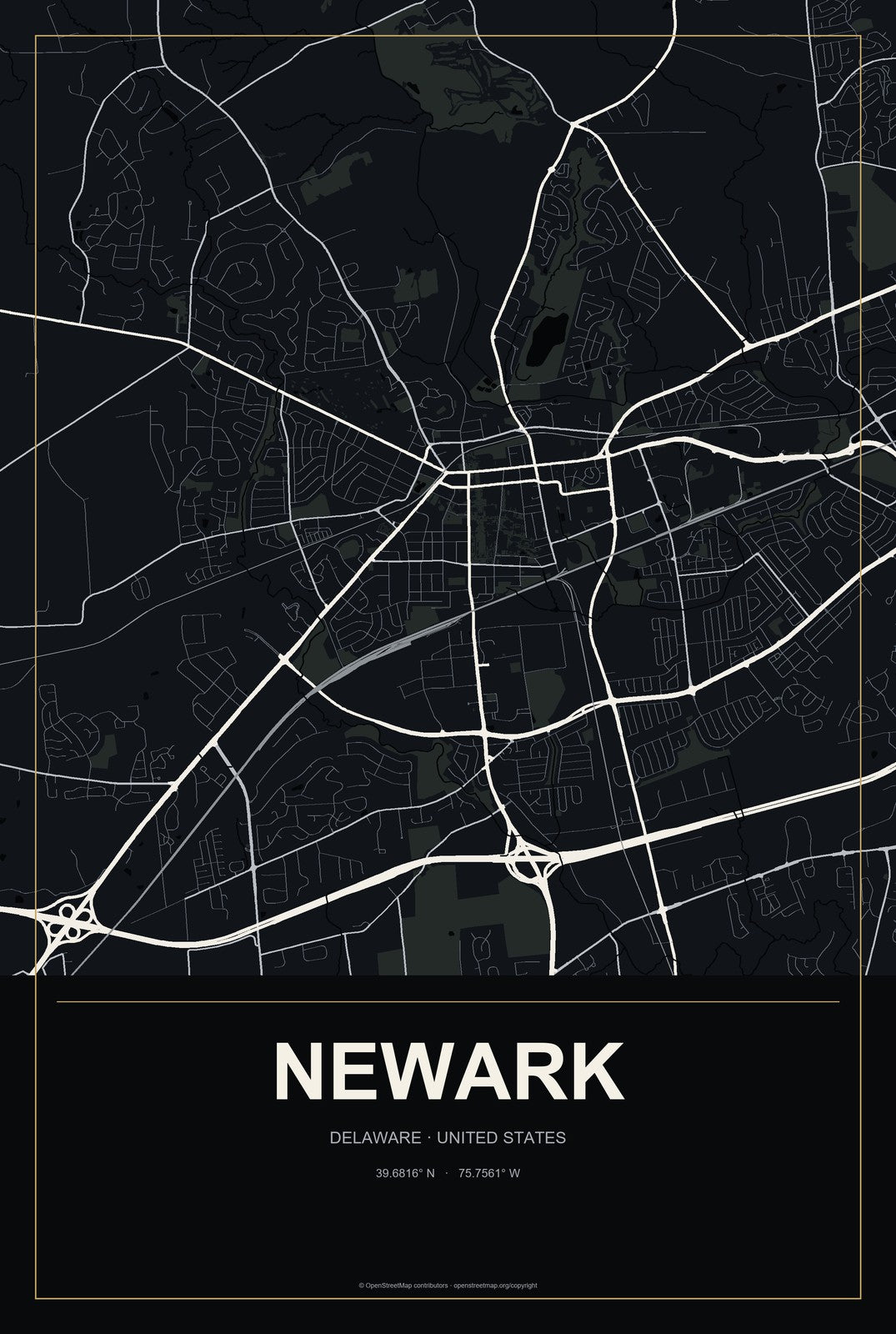 Newark, Delaware City Map Aluminum Sign in Metropolitan Noir style