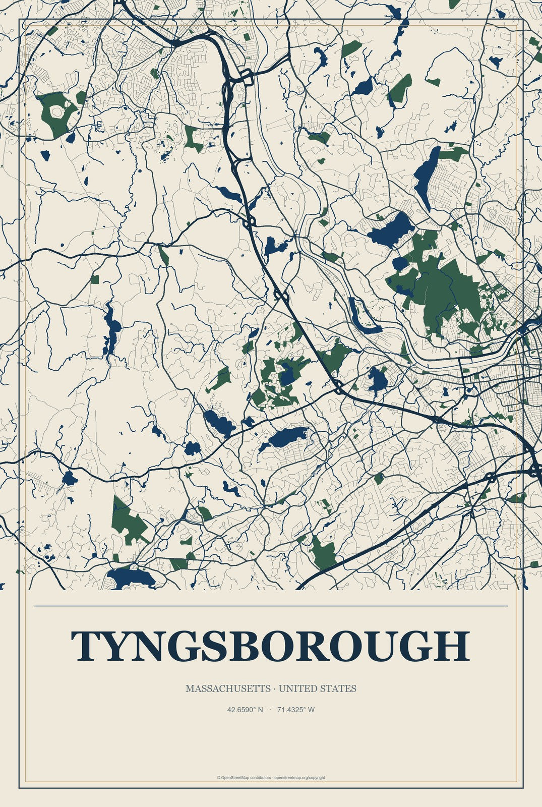 Tyngsborough, Massachusetts City Map Aluminum Sign in Coastal Cutout style