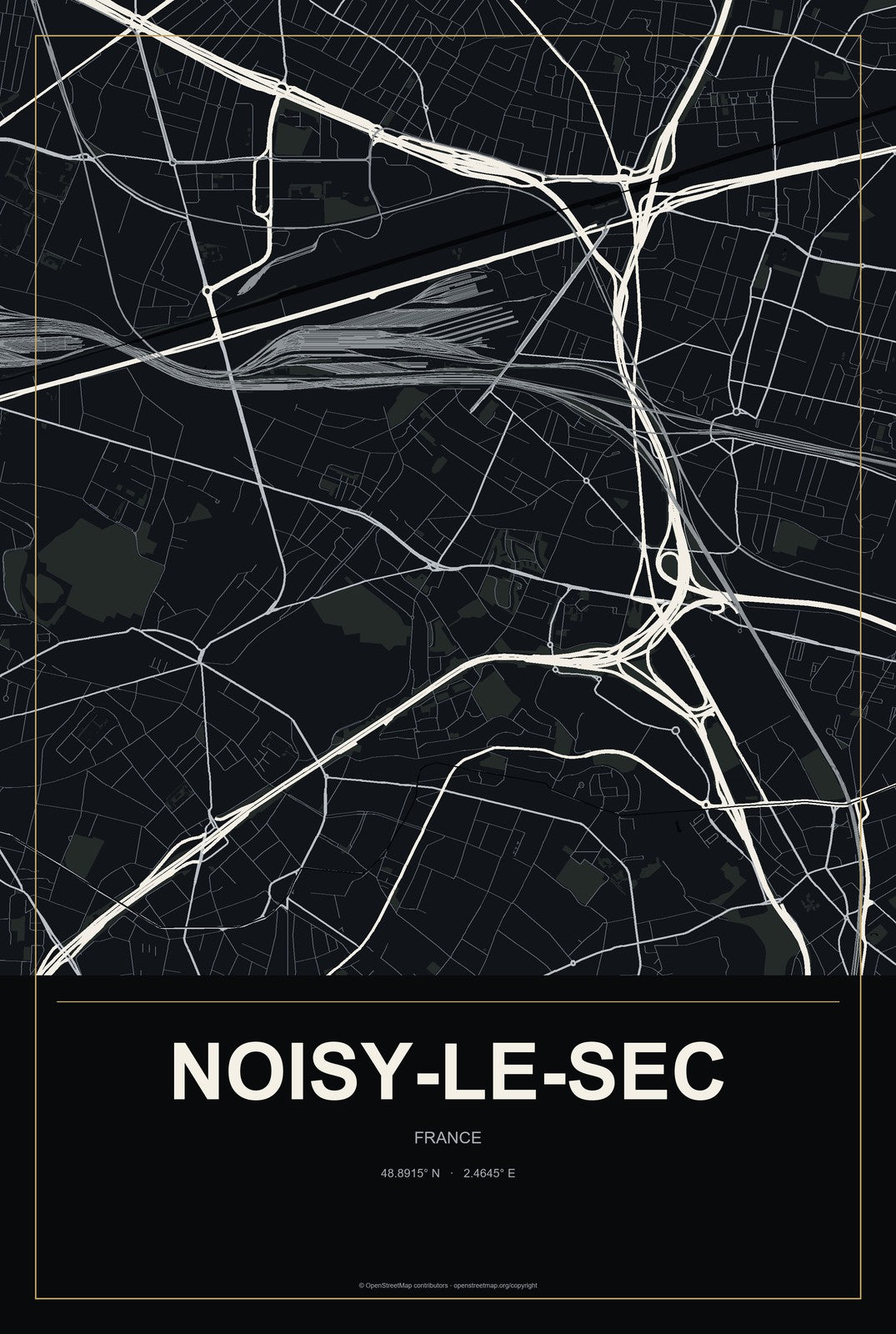Noisy-le-Sec, France City Map Aluminum Sign in Metropolitan Noir style
