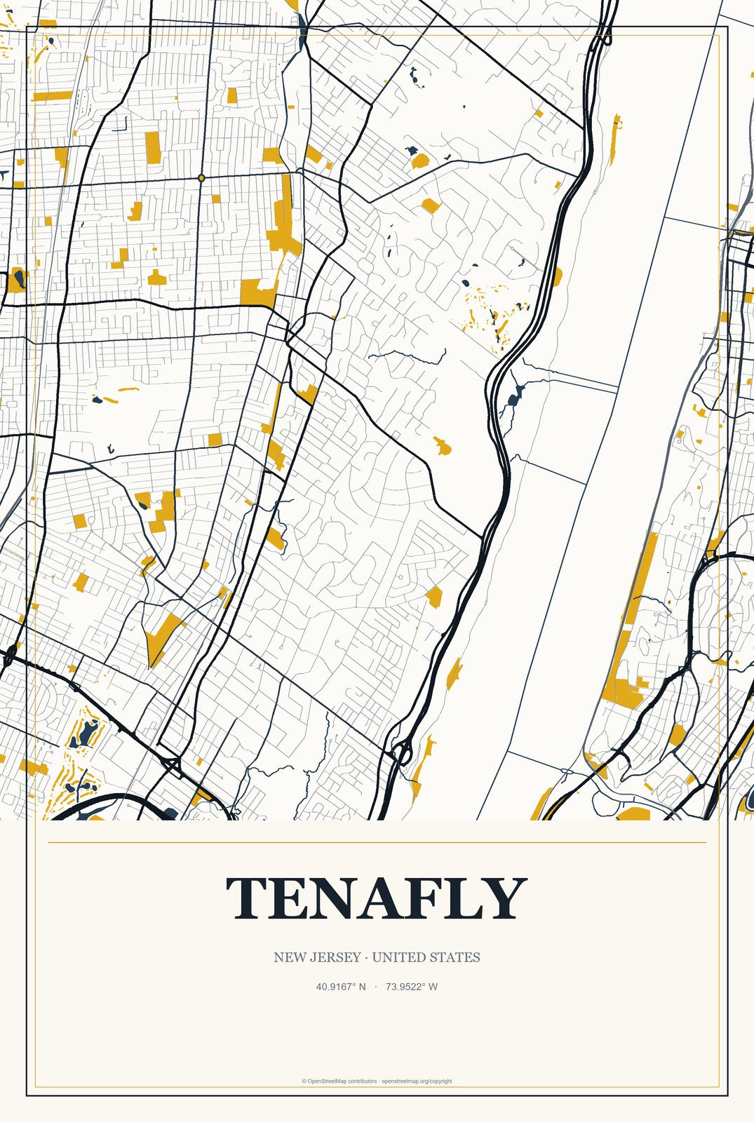 Tenafly, New Jersey City Map Aluminum Sign in Citrine Modern style