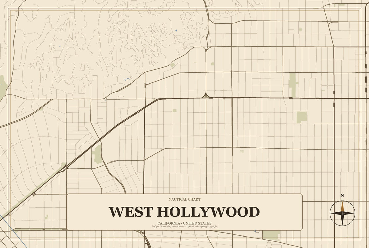 West Hollywood, California City Map Aluminum Sign in Heritage Nautical style