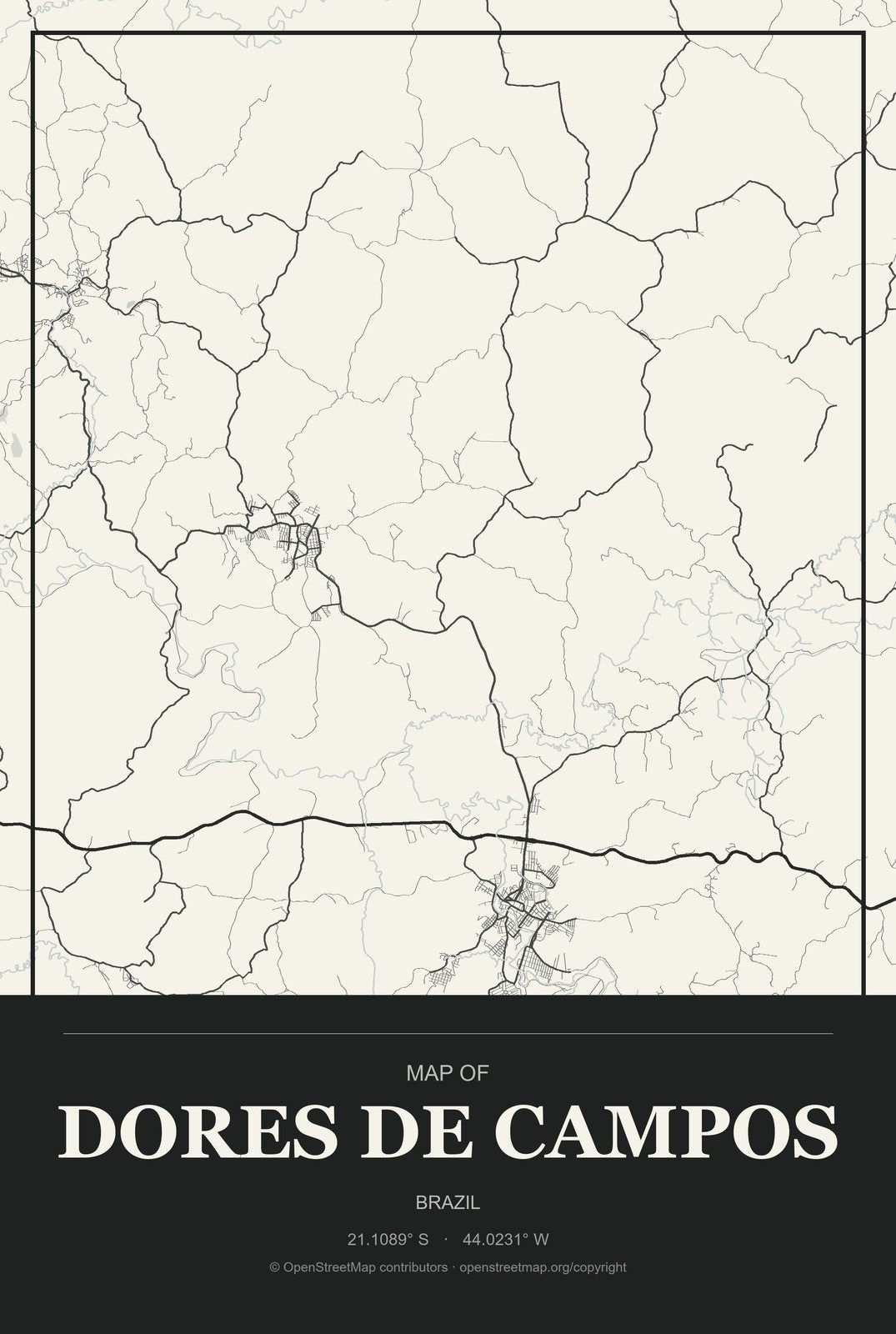 Dores de Campos, Brazil City Map Aluminum Sign in Museum Plaque style