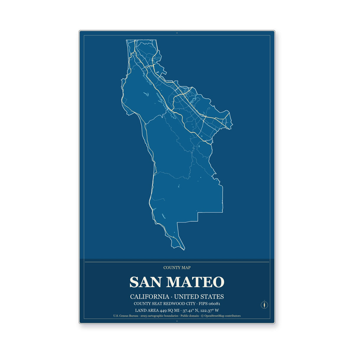 San Mateo County, California Map Aluminum Sign in Harbor Cobalt style