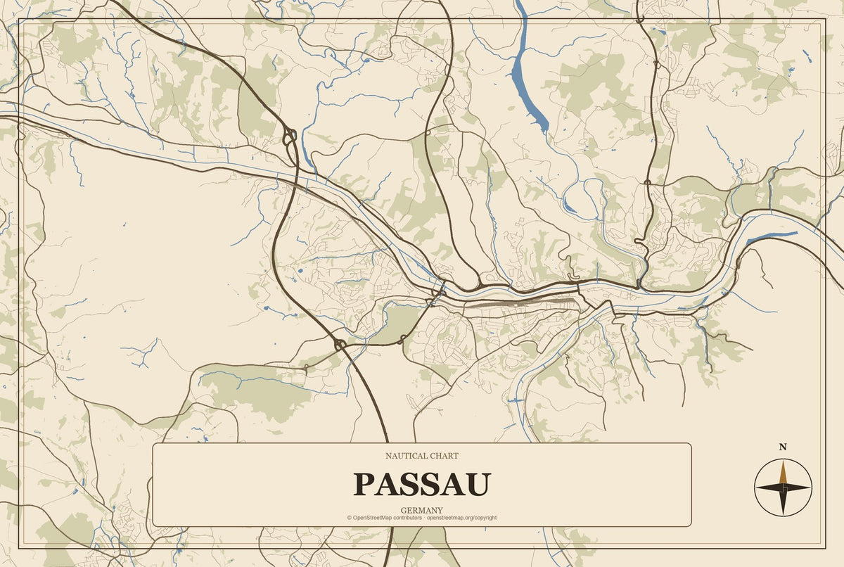 Passau, Germany City Map Aluminum Sign in Heritage Nautical style