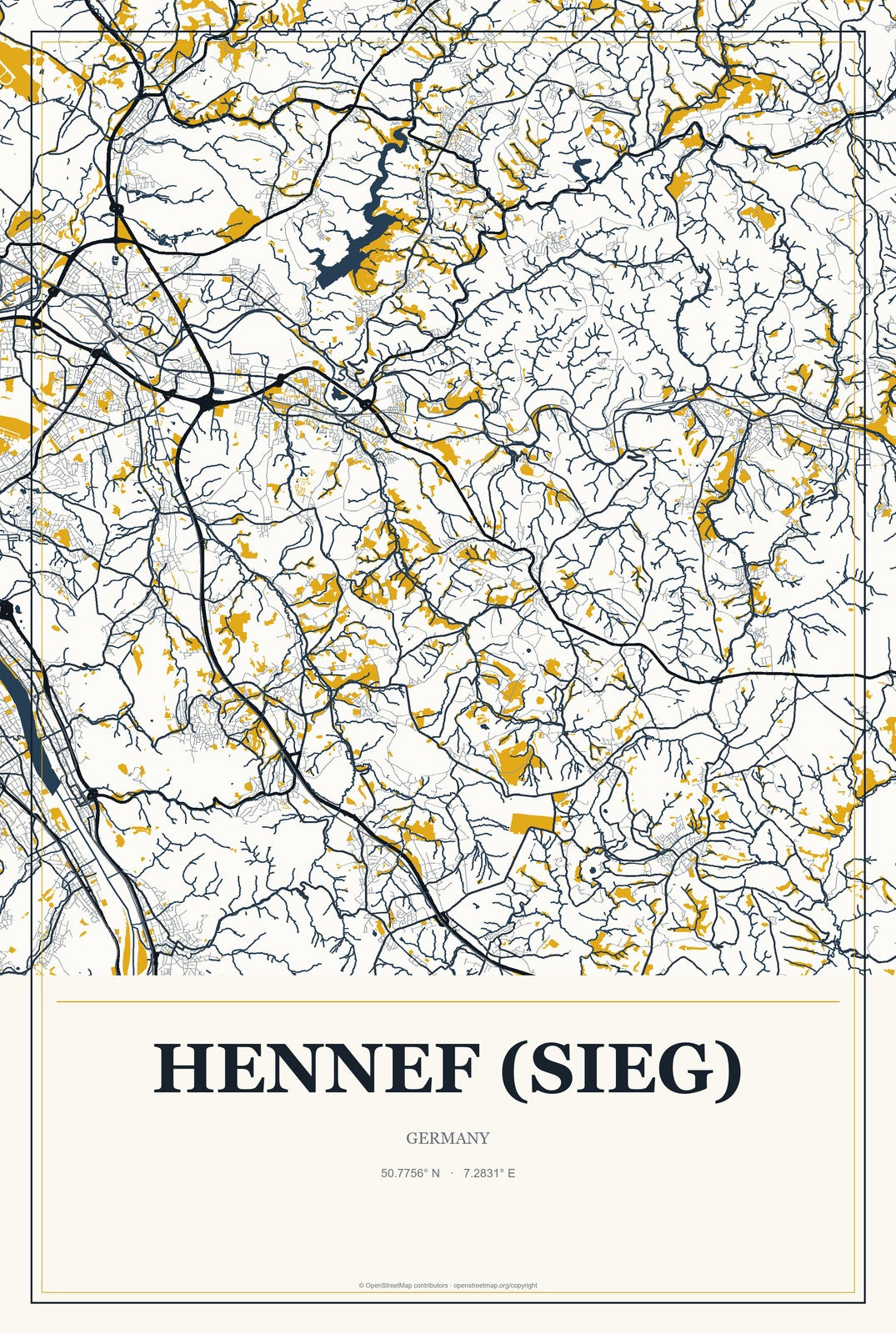 Hennef (Sieg), Germany City Map Aluminum Sign in Citrine Modern style