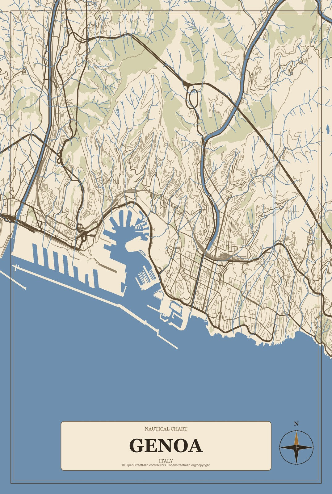 Genoa, Italy City Map Aluminum Sign in Heritage Nautical style