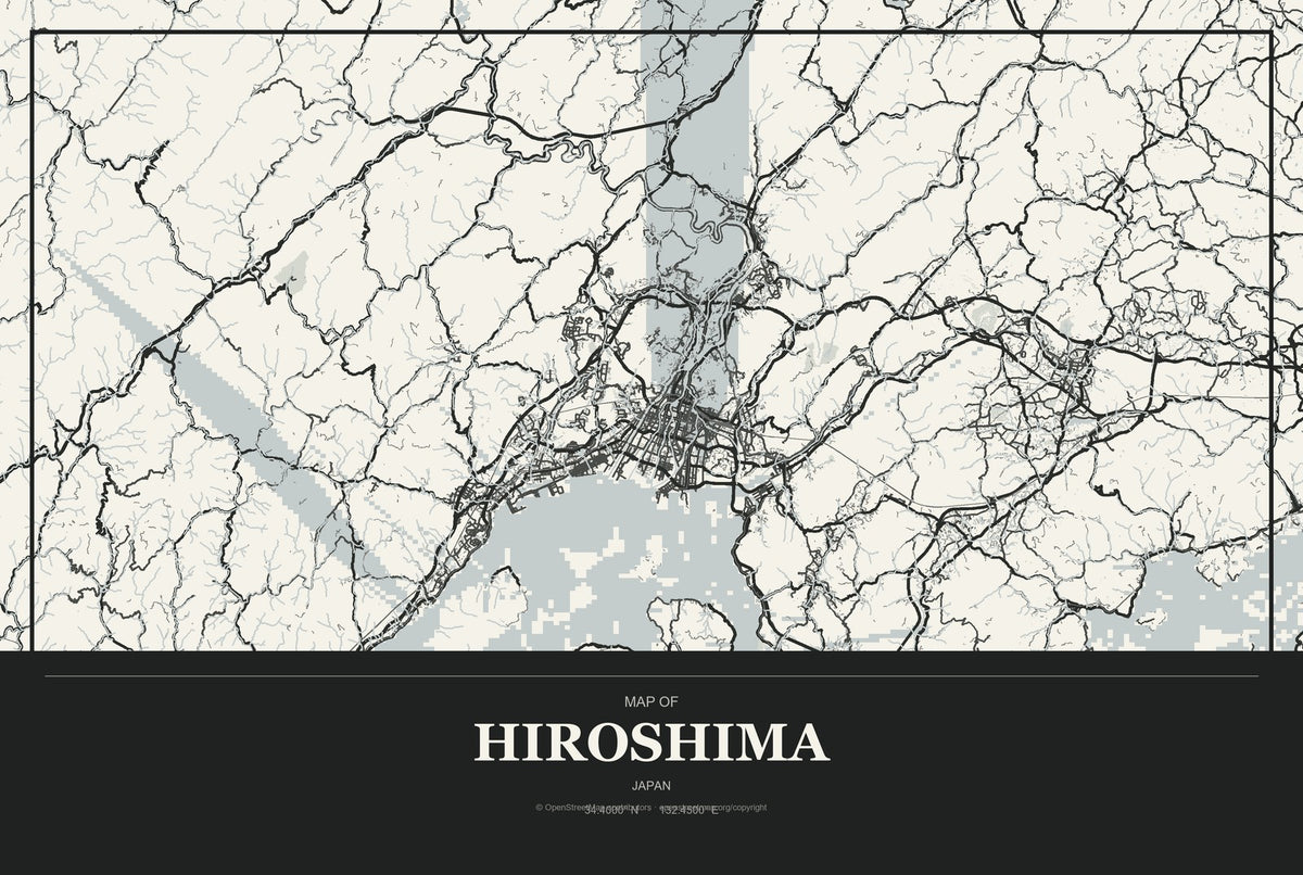 Hiroshima, Japan City Map Aluminum Sign in Museum Plaque style