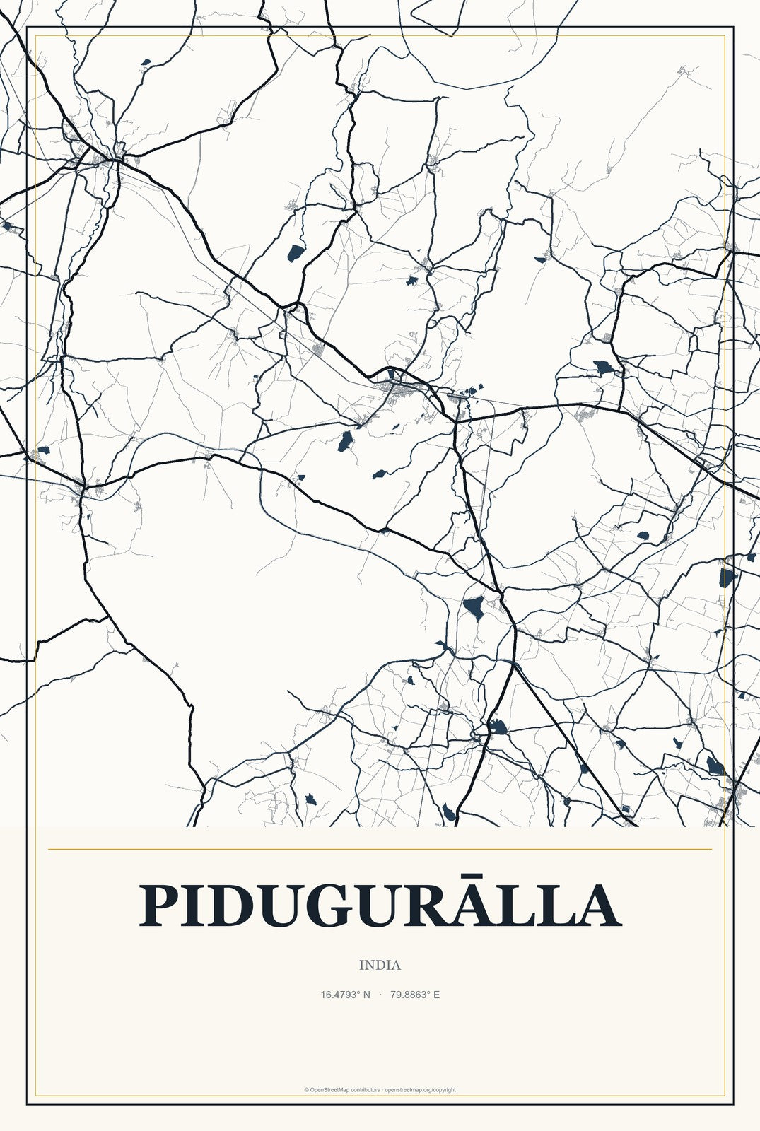Pidugurālla, India City Map Aluminum Sign in Citrine Modern style