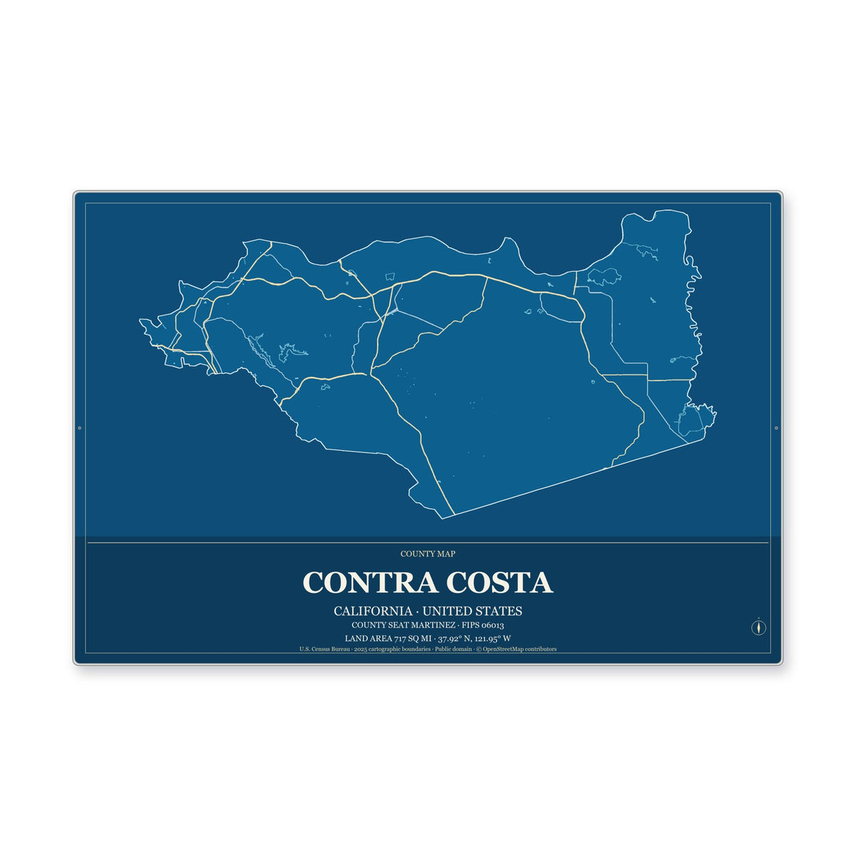 Contra Costa County, California Map Aluminum Sign in Harbor Cobalt style