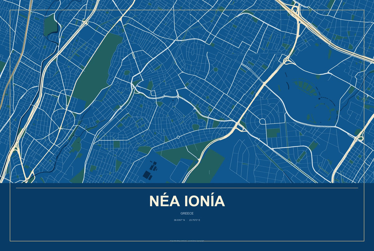 Néa Ionía, Attica, Greece City Map Aluminum Sign in Harbor Cobalt style