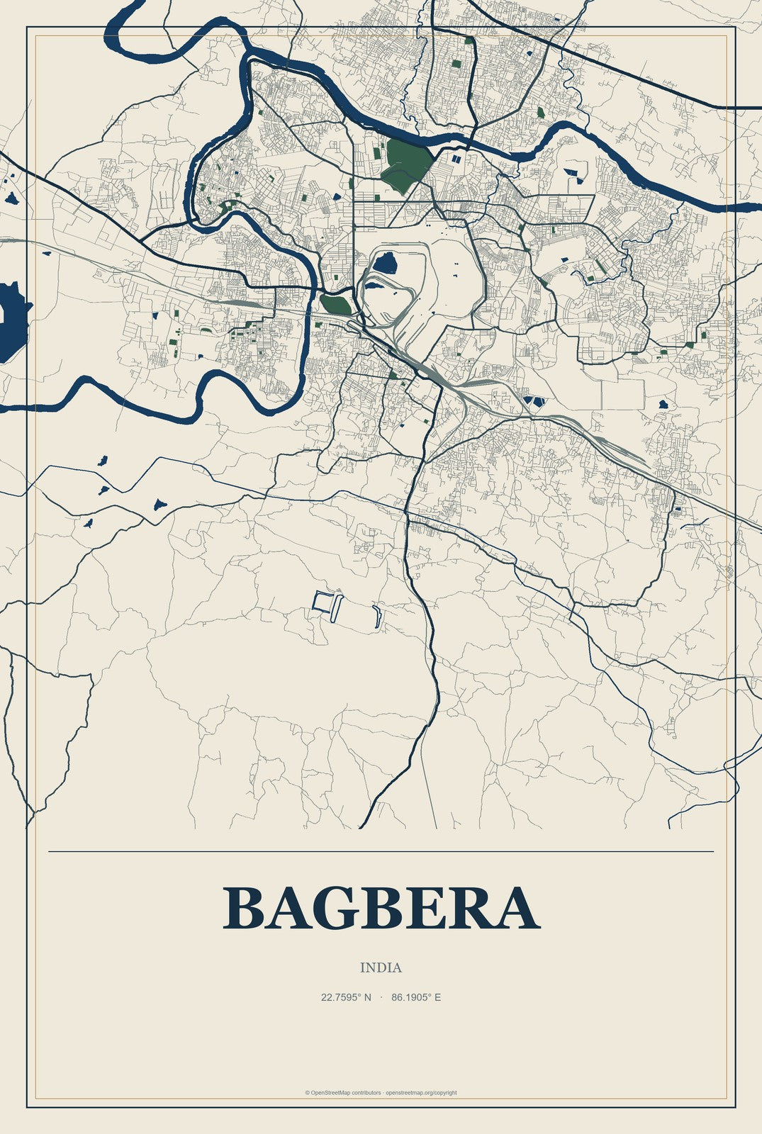 Bagbera, India City Map Aluminum Sign in Coastal Cutout style