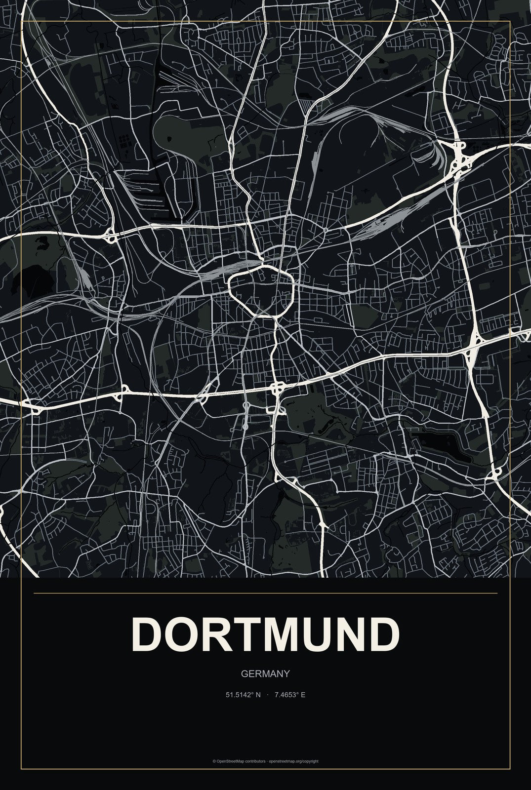 Dortmund, Germany City Map Aluminum Sign in Metropolitan Noir style