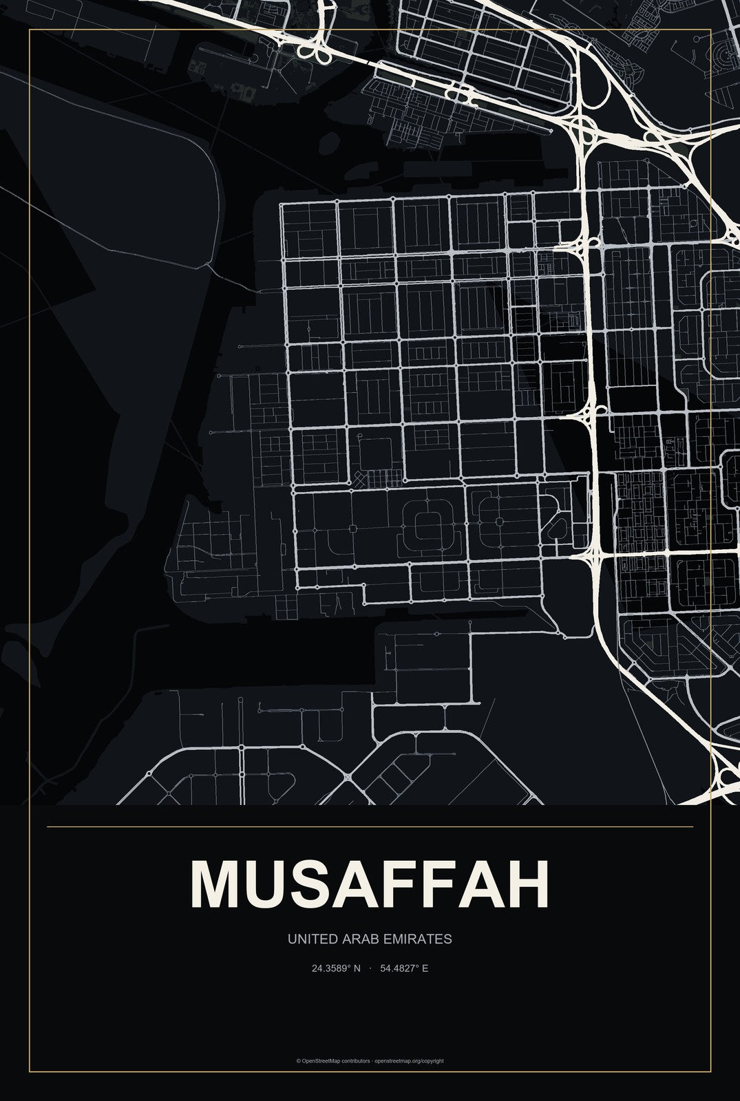 Musaffah, United Arab Emirates City Map Aluminum Sign in Metropolitan Noir style