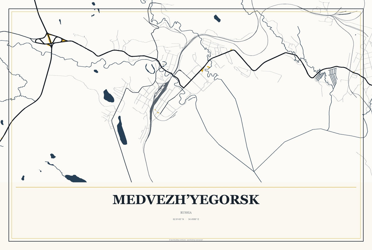 Medvezh’yegorsk, Russia City Map Aluminum Sign in Citrine Modern style