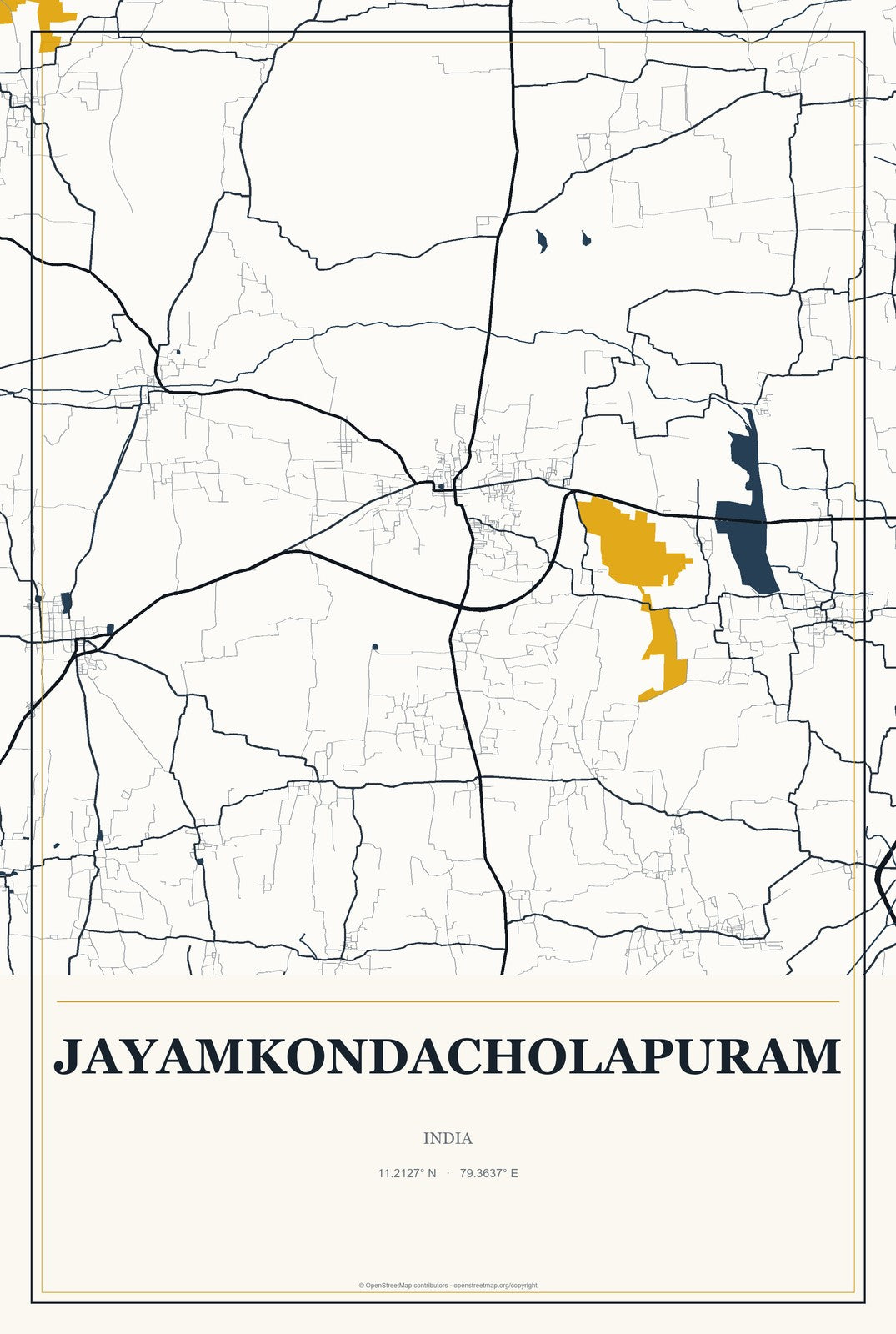 Jayamkondacholapuram, India City Map Aluminum Sign in Citrine Modern style