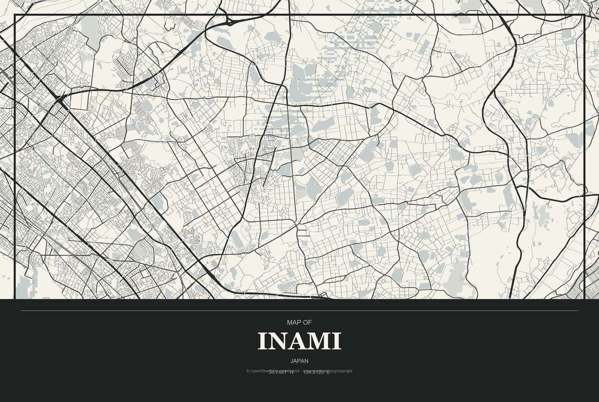 Inami, Japan City Map Aluminum Sign in Museum Plaque style