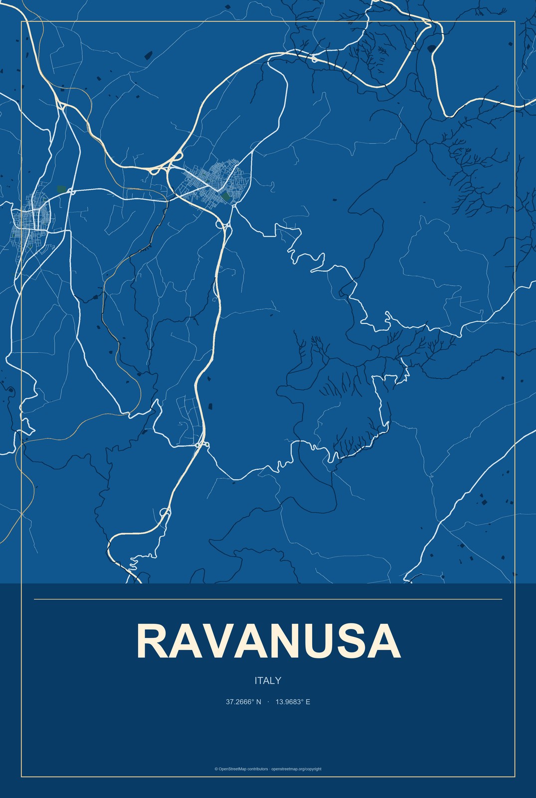 Ravanusa, Italy City Map Aluminum Sign in Harbor Cobalt style