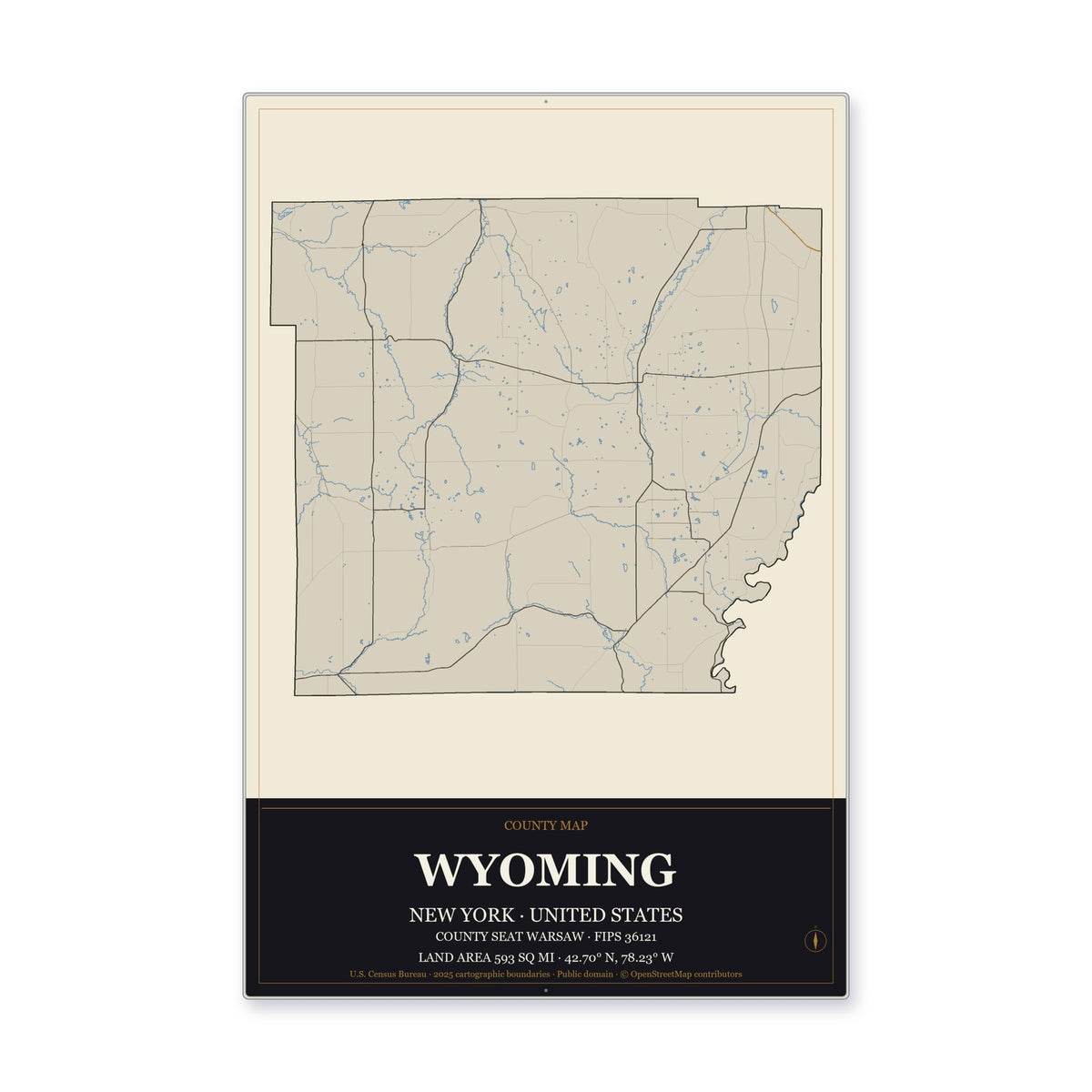 Wyoming County, New York Map Aluminum Sign in Museum Plaque style