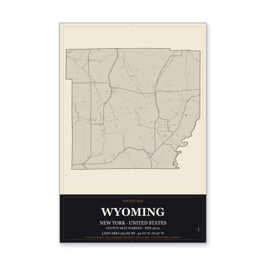 Wyoming County, New York Map Aluminum Sign in Museum Plaque style