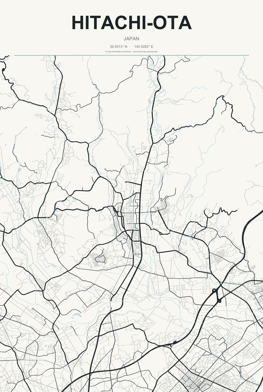 Hitachi-ota, Japan City Map Aluminum Sign in Headline Atlas style
