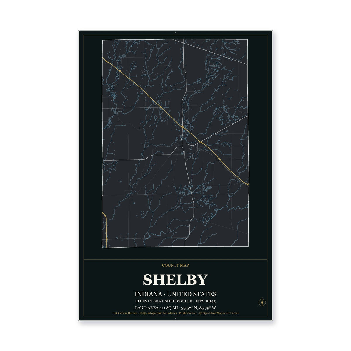 Shelby County, Indiana Map Aluminum Sign in Metropolitan Noir style