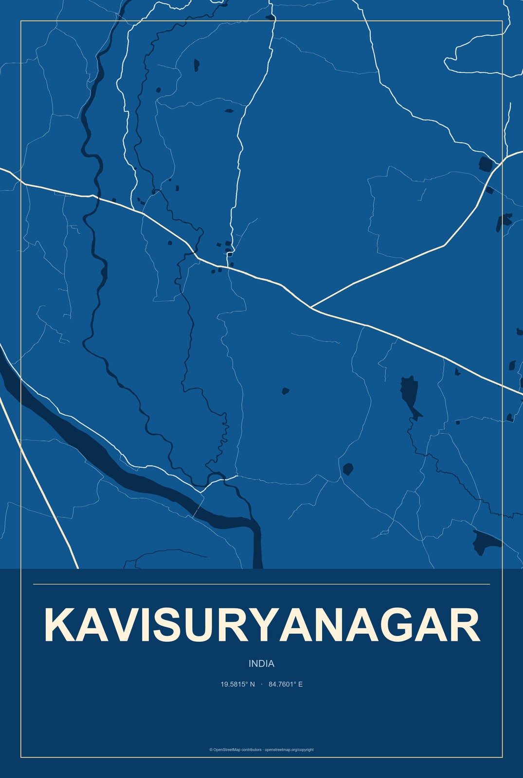Kavisuryanagar, India City Map Aluminum Sign in Harbor Cobalt style