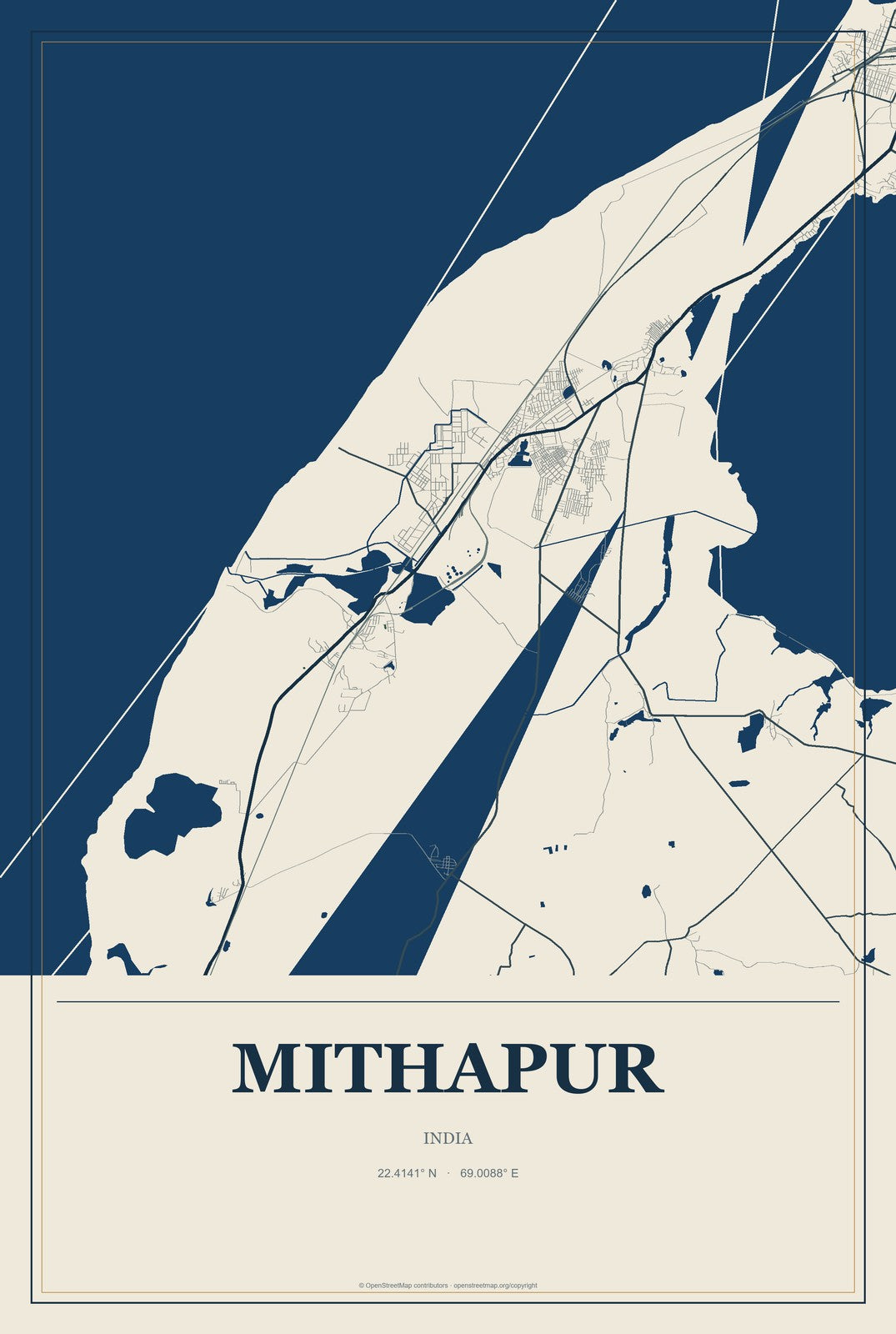 Mithapur, India City Map Aluminum Sign in Coastal Cutout style