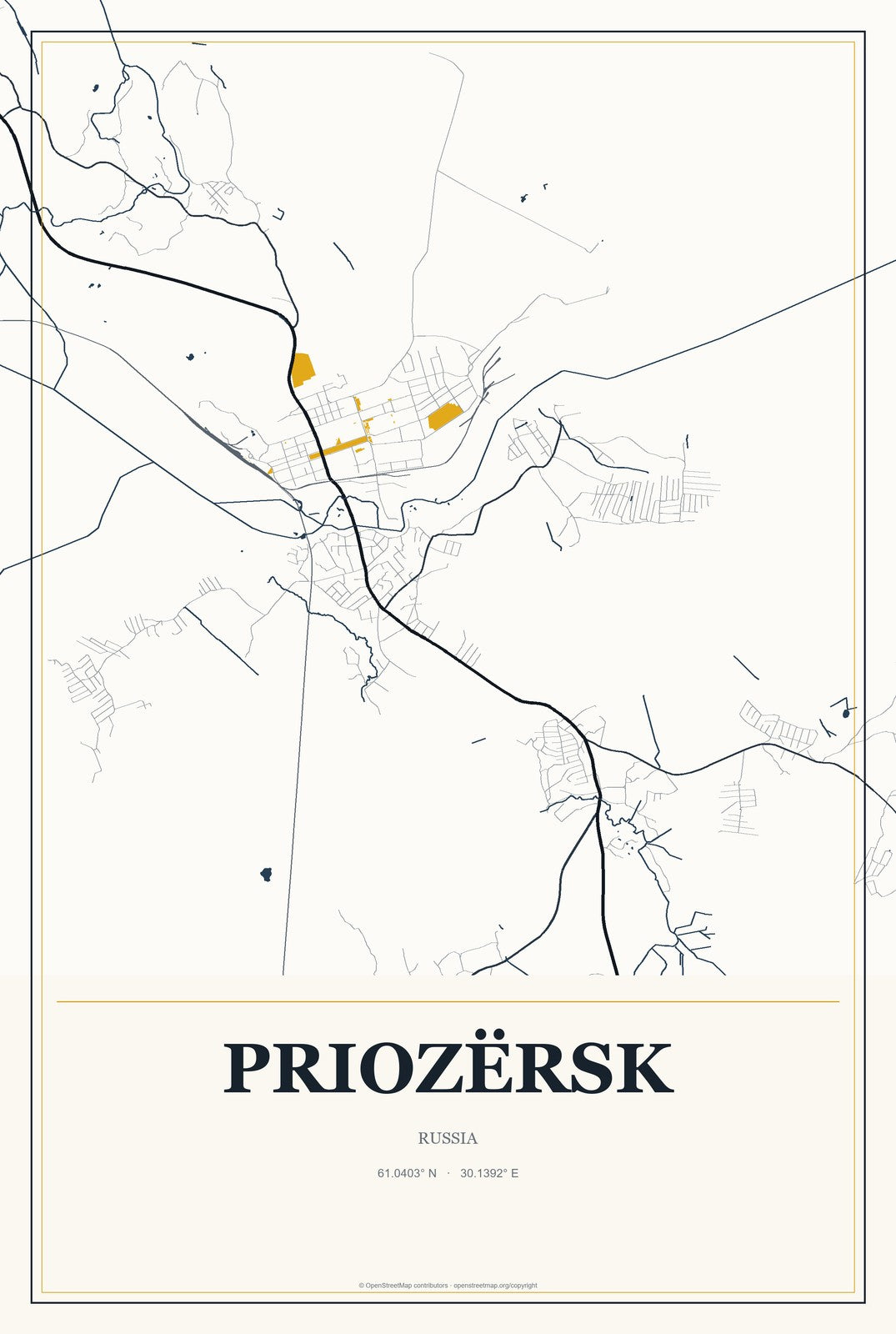 Priozërsk, Russia City Map Aluminum Sign in Citrine Modern style