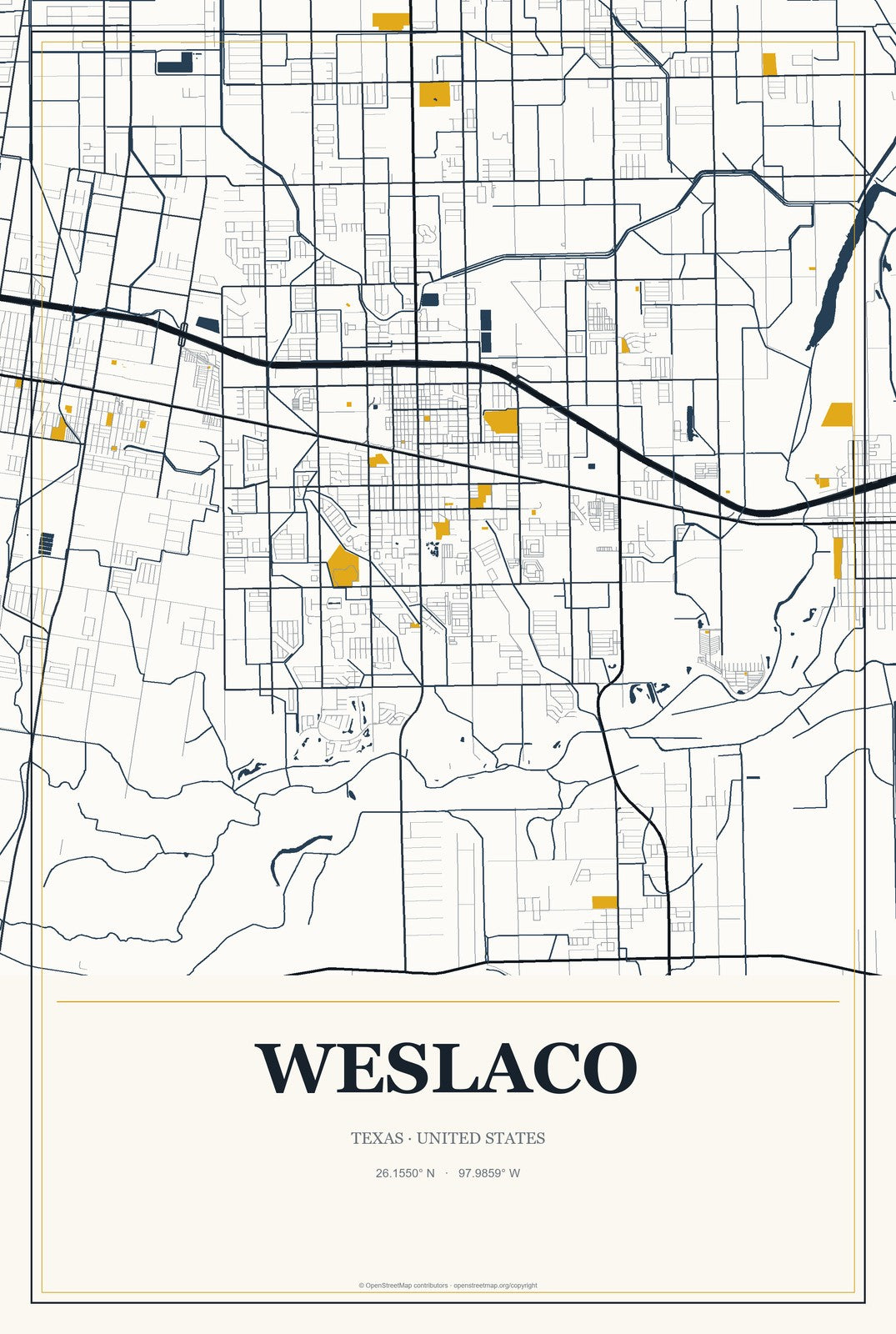 Weslaco, Texas City Map Aluminum Sign in Citrine Modern style