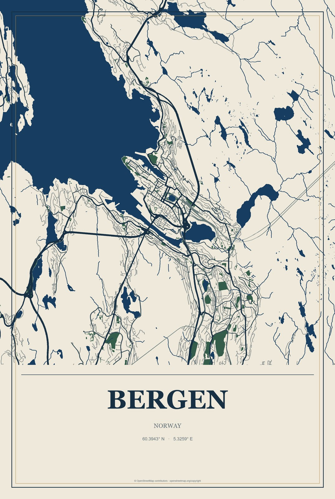 Bergen, Norway City Map Aluminum Sign in Coastal Cutout style