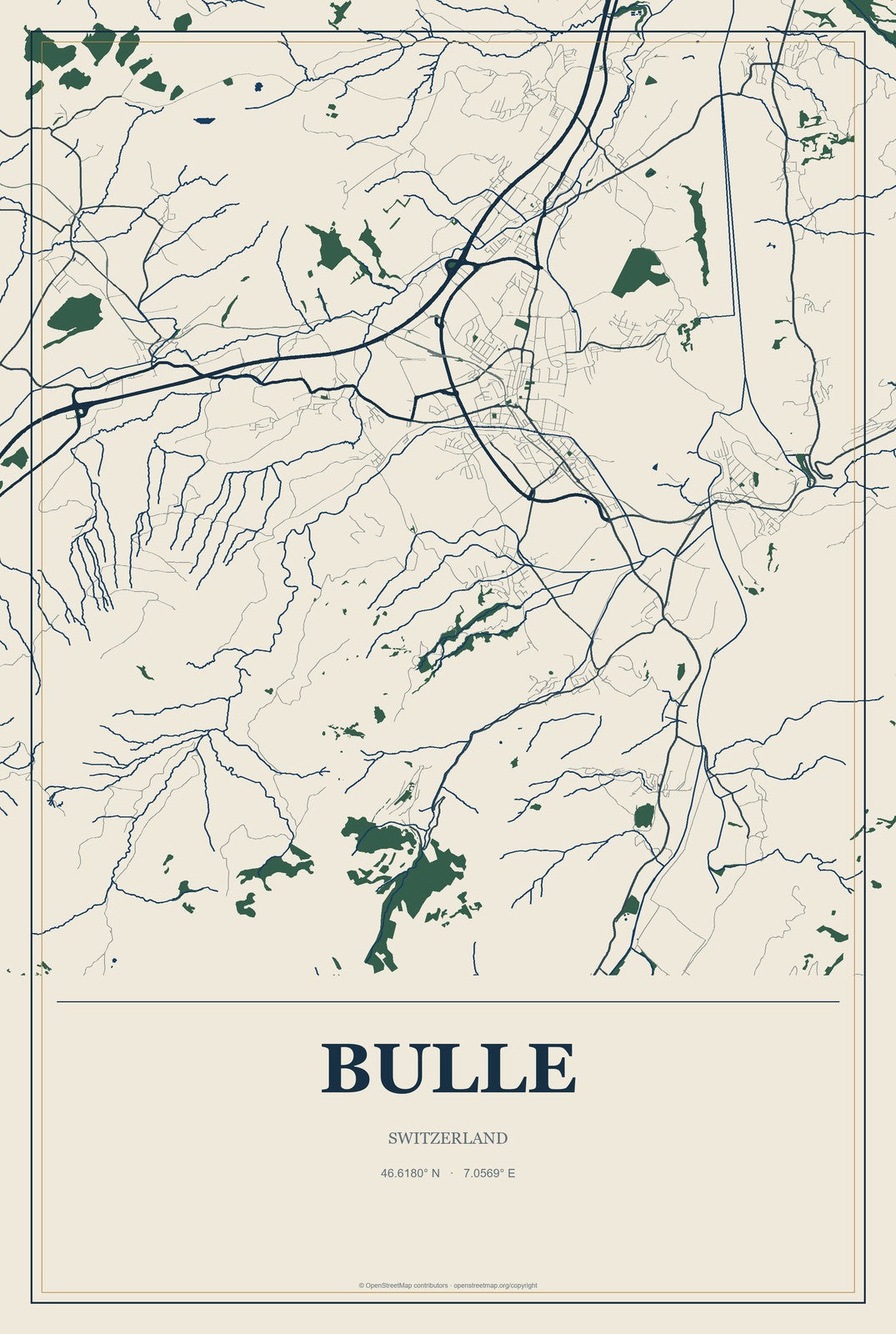 Bulle, Switzerland City Map Aluminum Sign in Coastal Cutout style