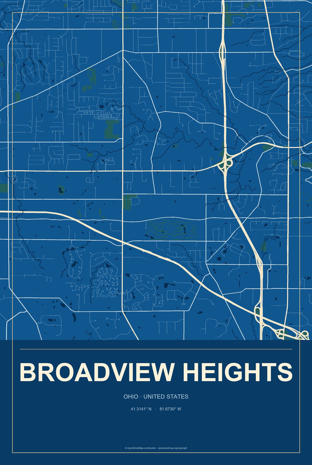 Broadview Heights, Ohio City Map Aluminum Sign in Harbor Cobalt style