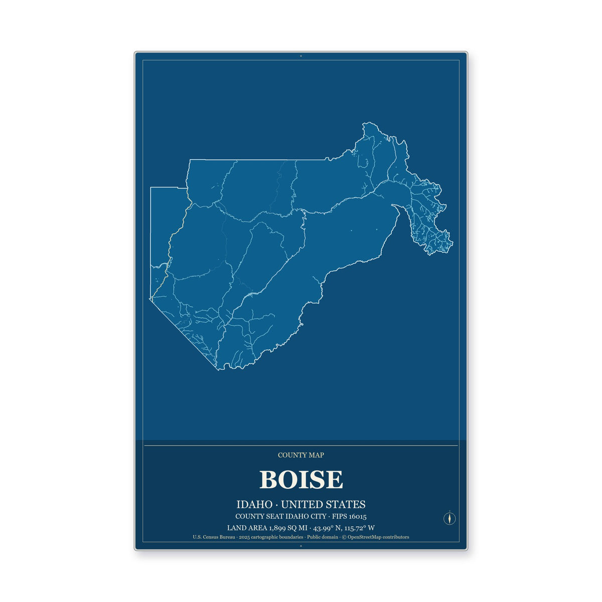 Boise County, Idaho Map Aluminum Sign in Harbor Cobalt style