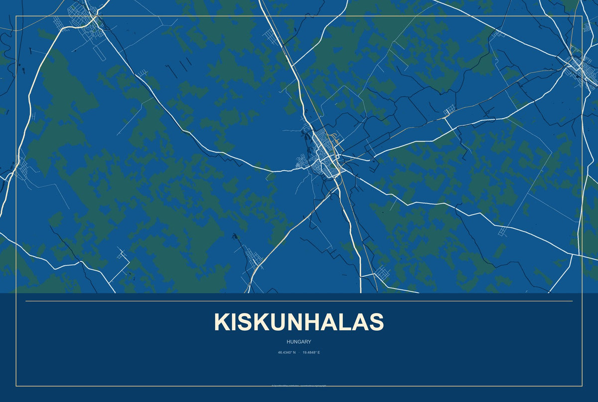 Kiskunhalas, Hungary City Map Aluminum Sign in Harbor Cobalt style