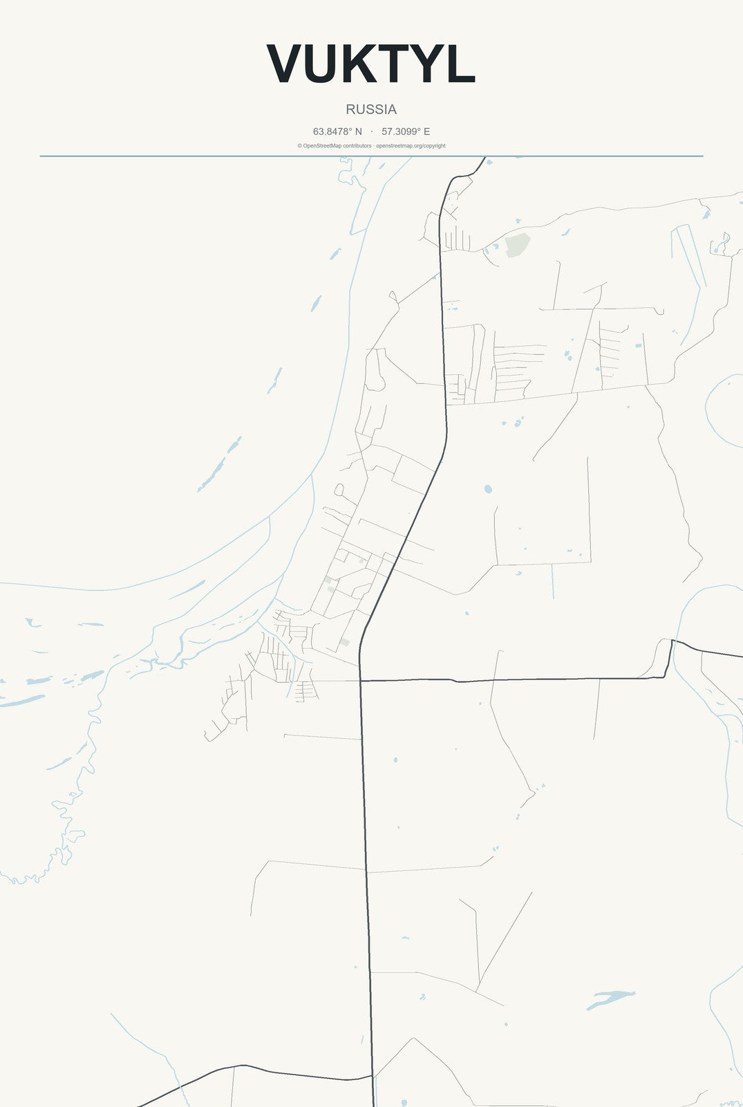 Vuktyl, Russia City Map Aluminum Sign in Headline Atlas style