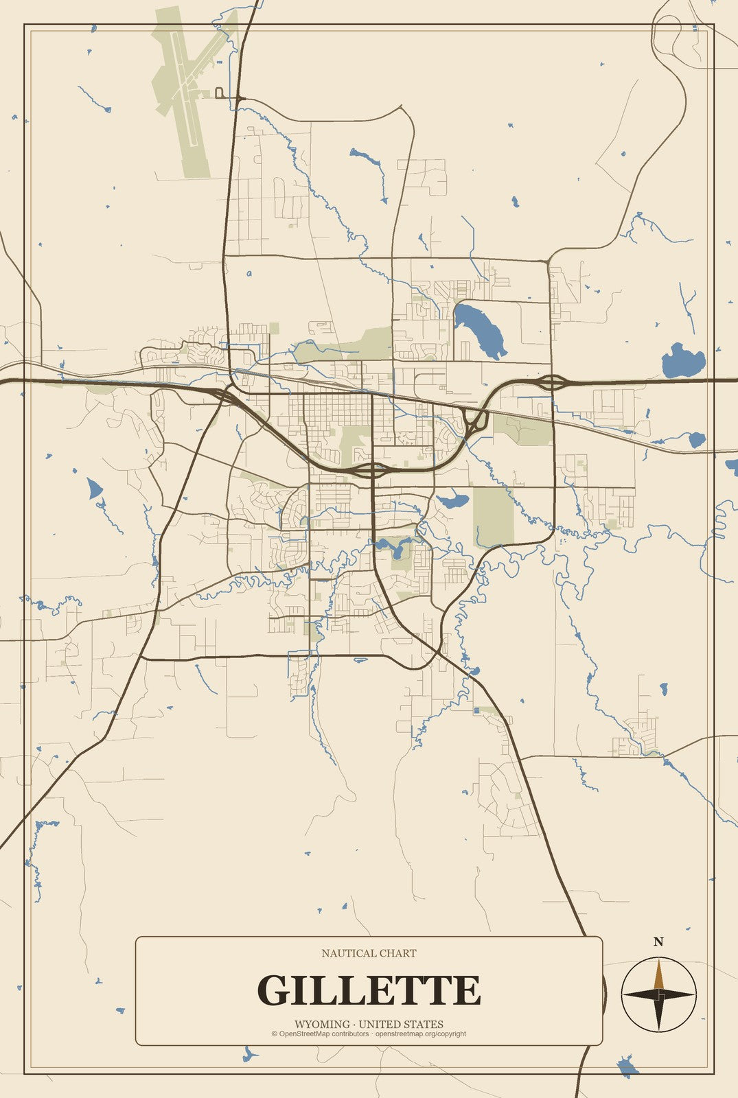 Gillette, Wyoming City Map Aluminum Sign in Heritage Nautical style