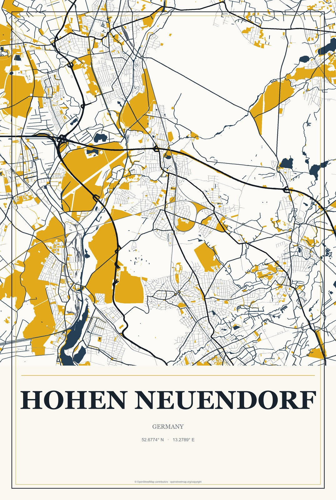 Hohen Neuendorf, Germany City Map Aluminum Sign in Citrine Modern style