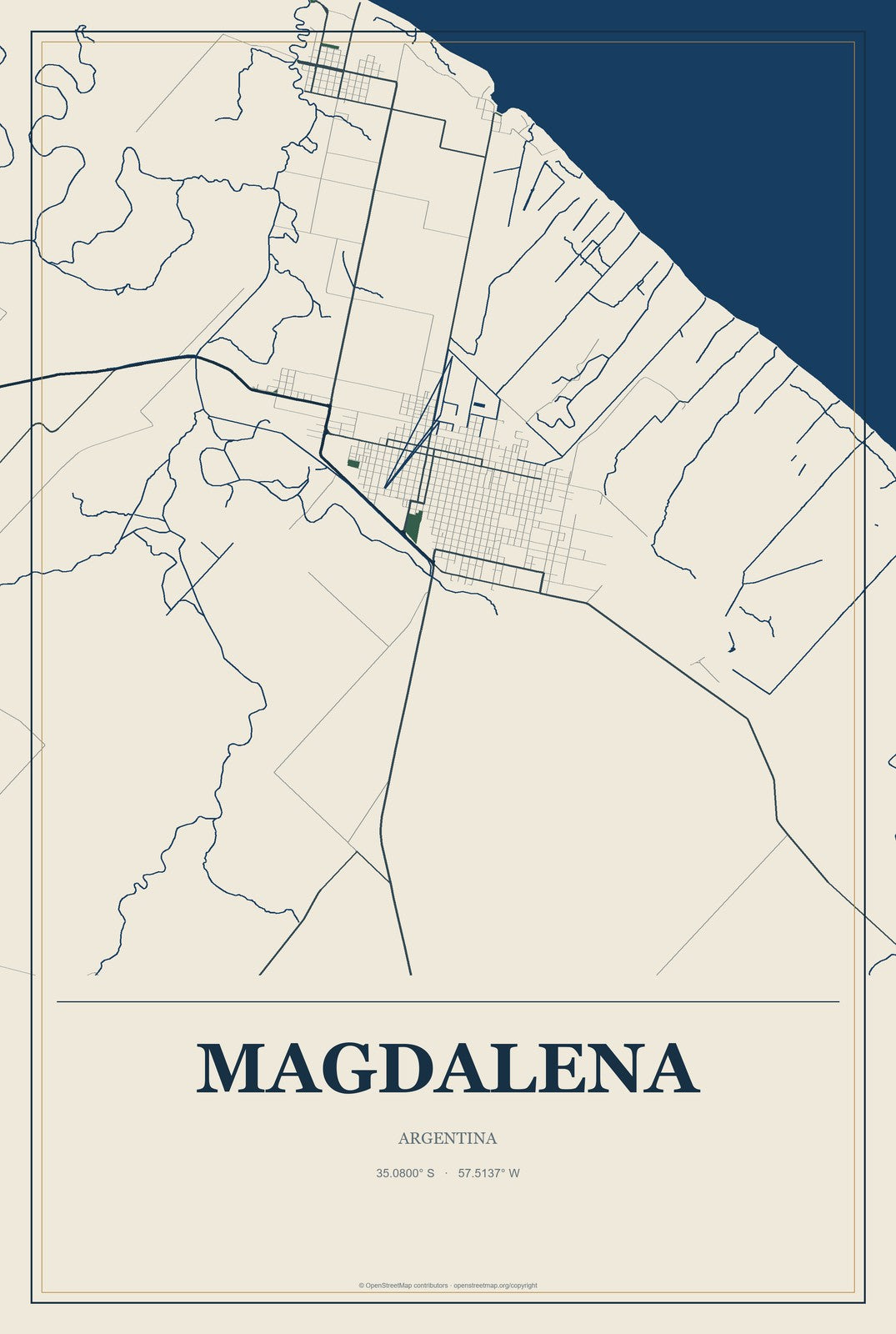 Magdalena, Argentina City Map Aluminum Sign in Coastal Cutout style