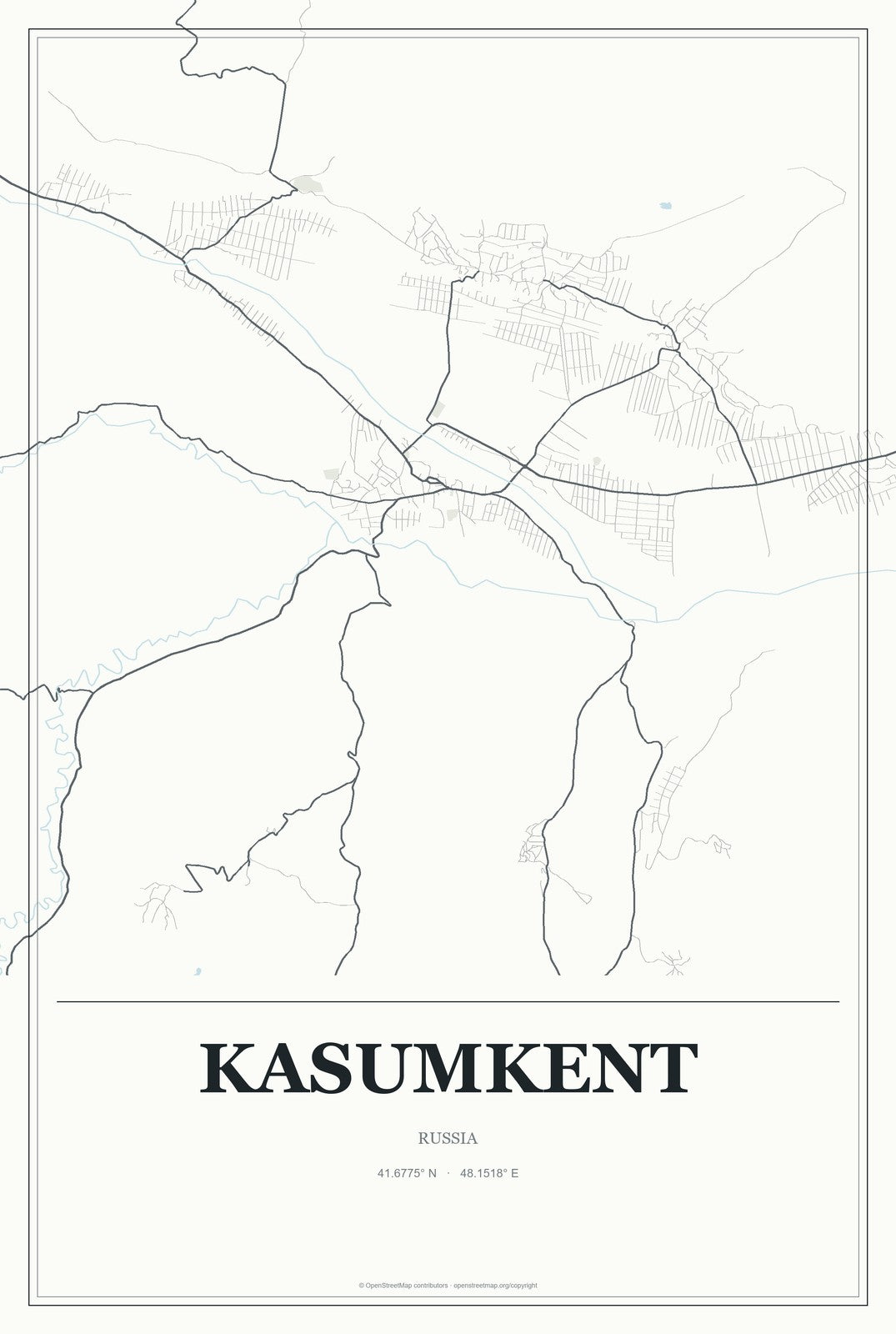 Kasumkent, Russia City Map Aluminum Sign in Gallery Air style