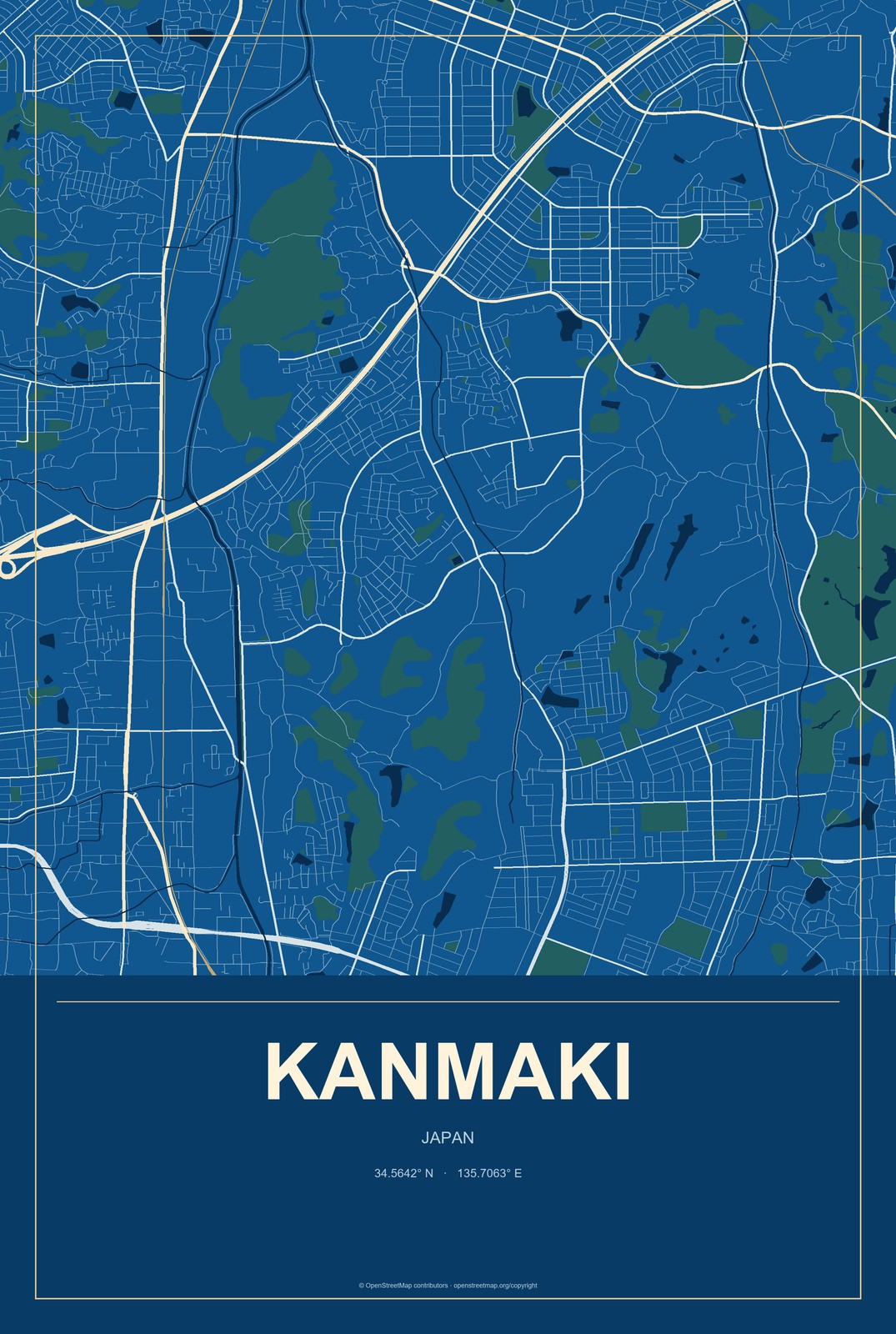 Kanmaki, Japan City Map Aluminum Sign in Harbor Cobalt style