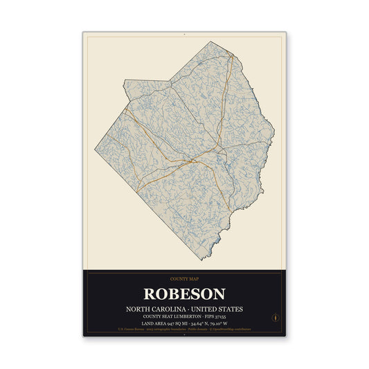 Robeson County, North Carolina Map Aluminum Sign in Museum Plaque style