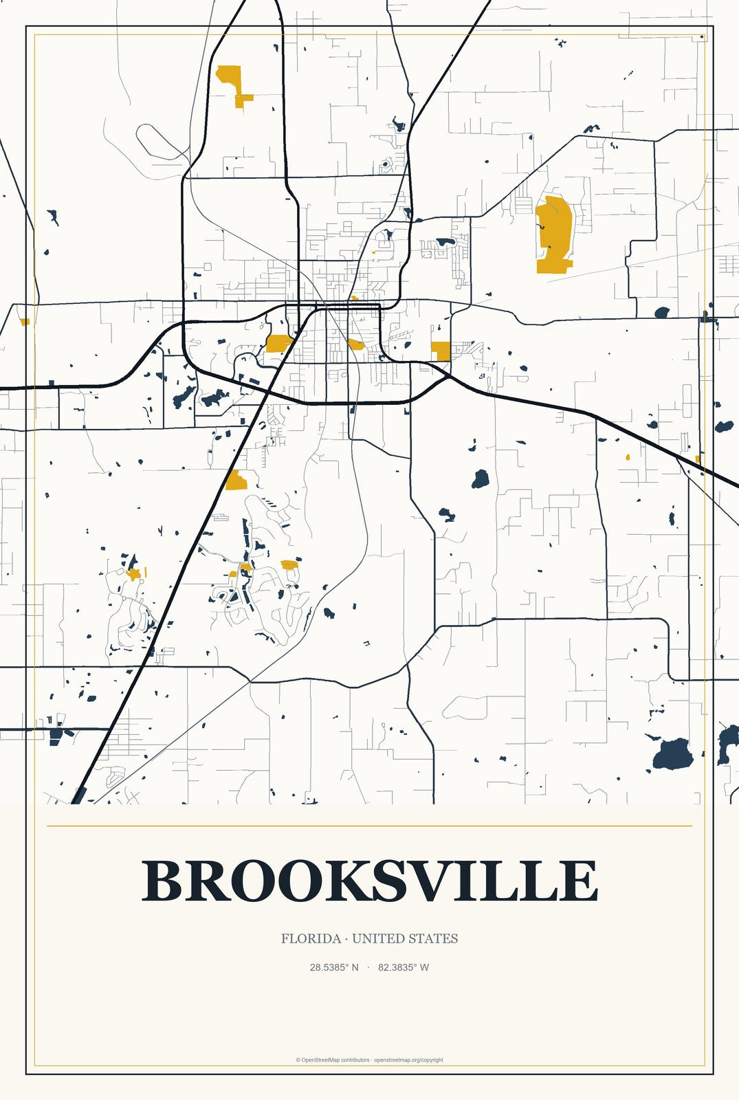 Brooksville, Florida City Map Aluminum Sign in Citrine Modern style