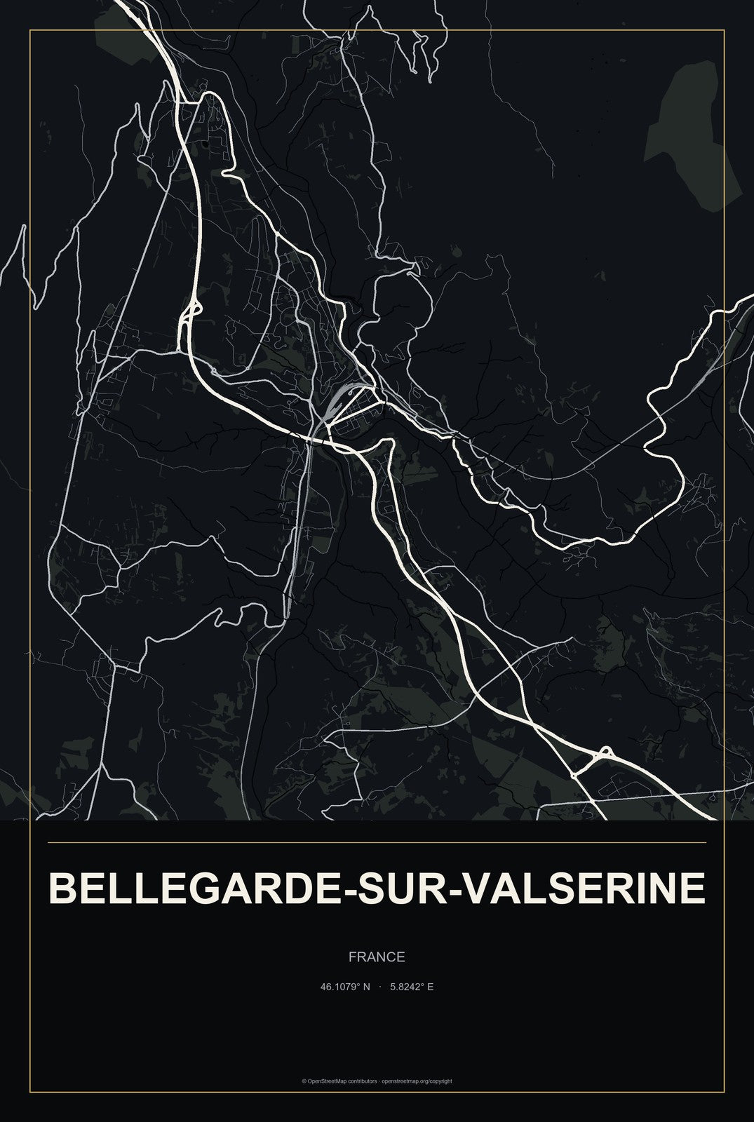Bellegarde-sur-Valserine, France City Map Aluminum Sign in Metropolitan Noir style