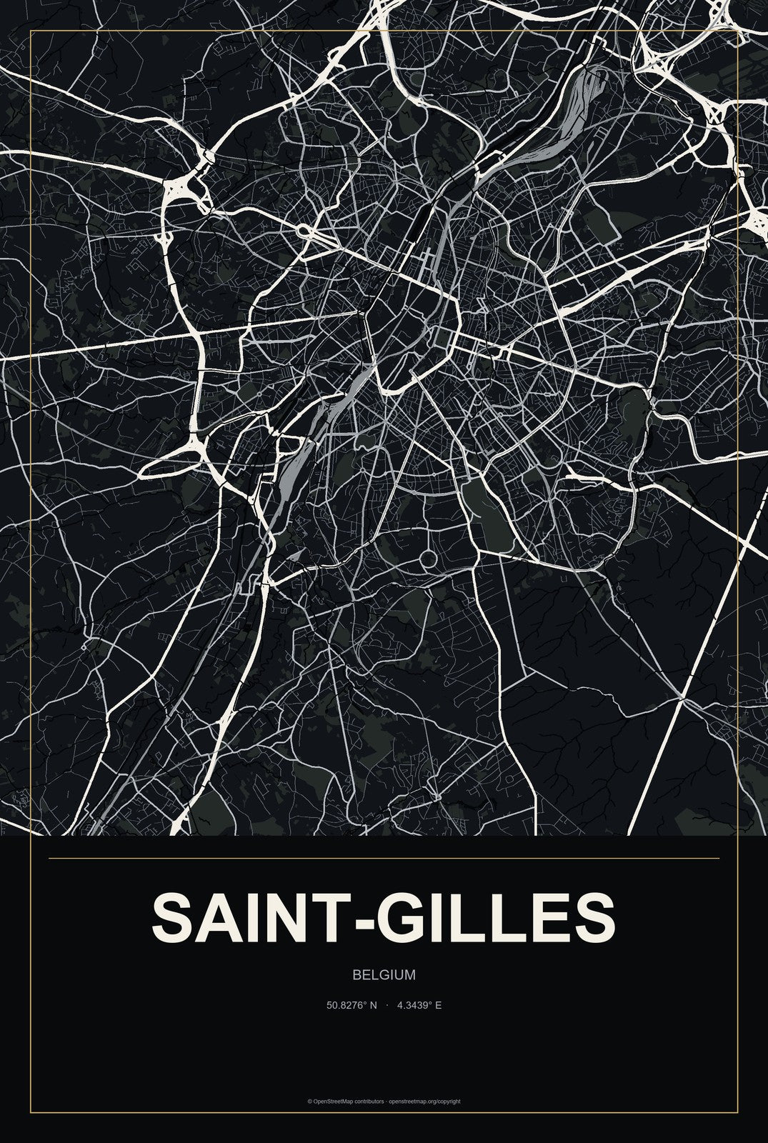Saint-Gilles, Belgium City Map Aluminum Sign in Metropolitan Noir style