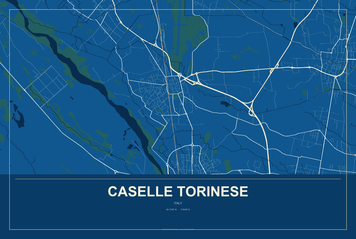 Caselle Torinese, Italy City Map Aluminum Sign in Harbor Cobalt style