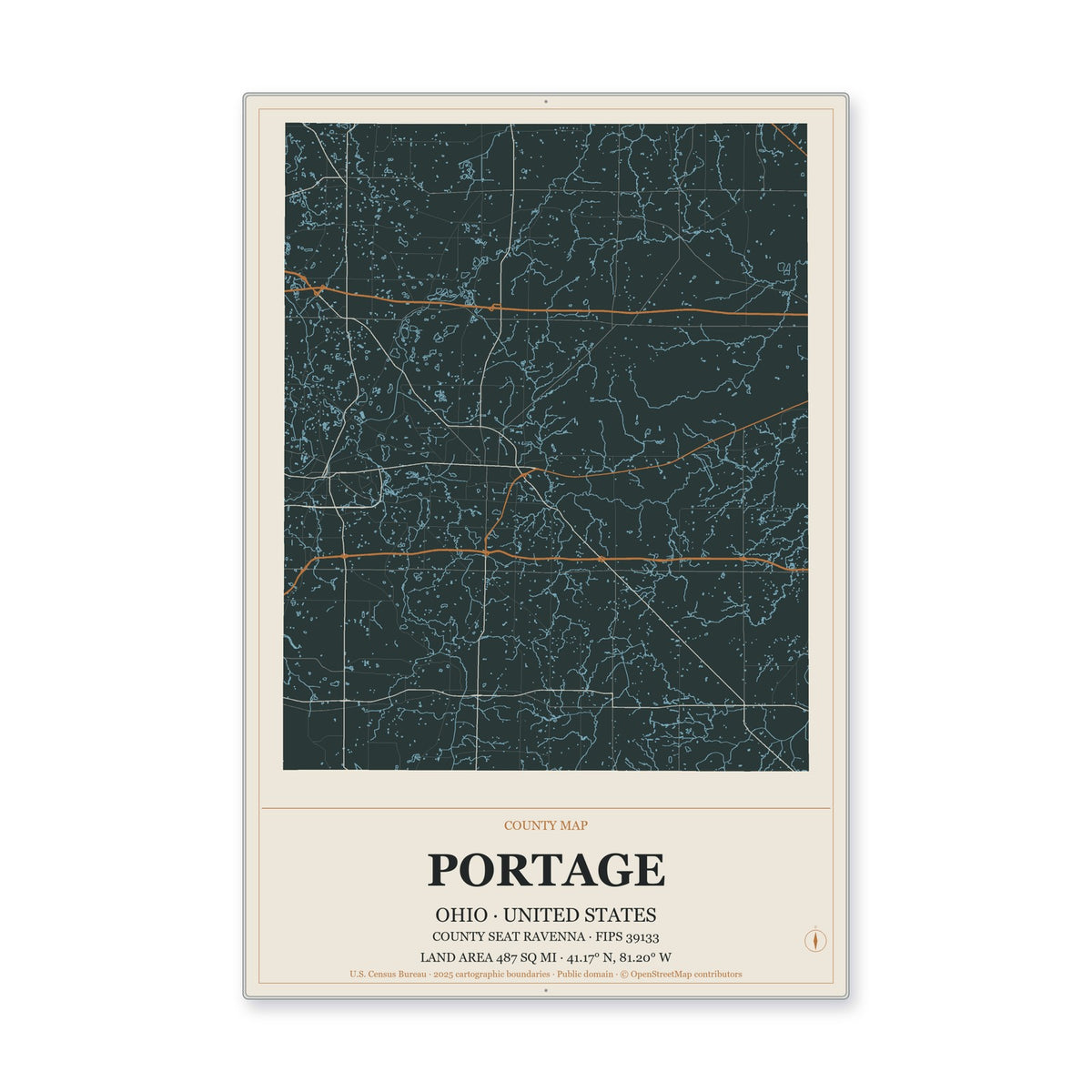Portage County, Ohio Map Aluminum Sign in Headline Atlas style