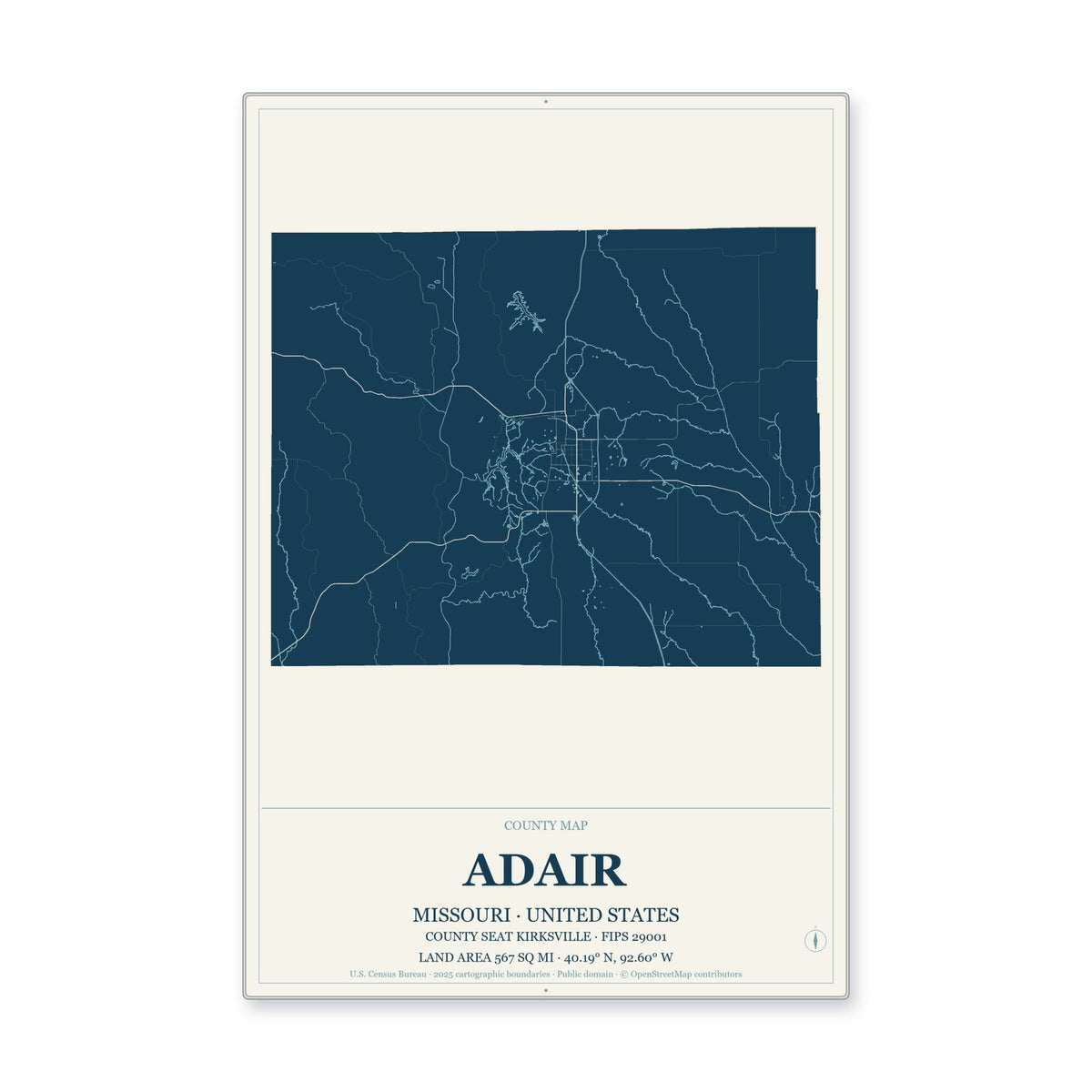 Adair County, Missouri Map Aluminum Sign in Coastal Cutout style