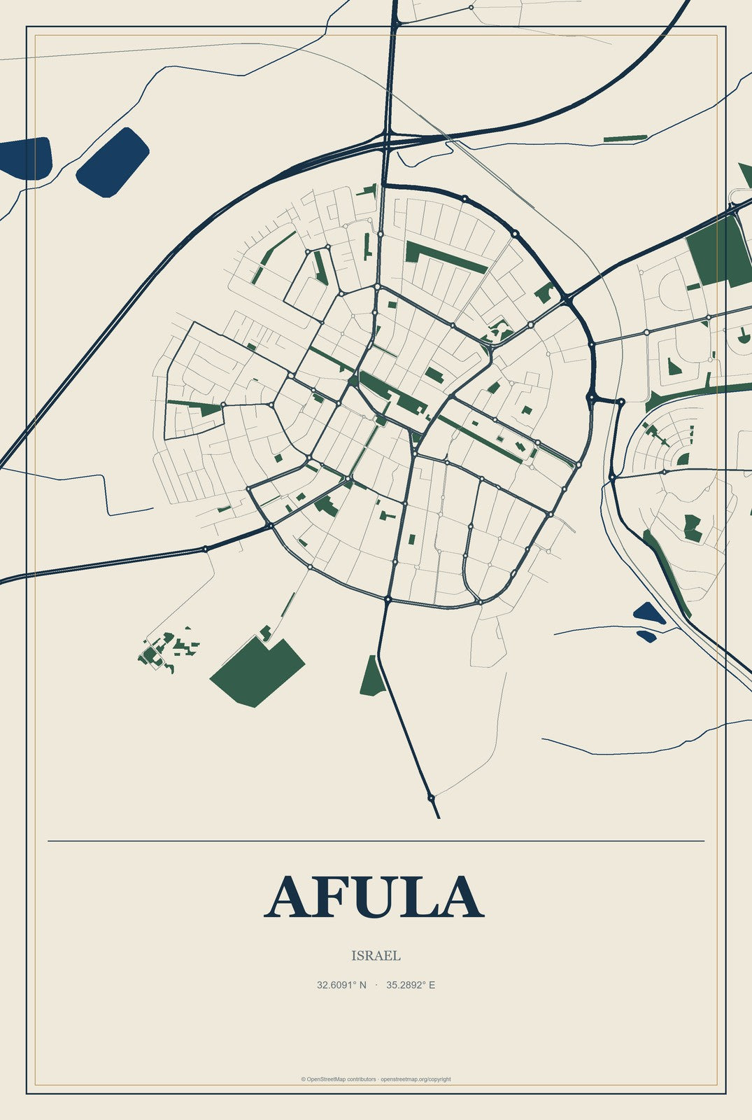 Afula, Israel City Map Aluminum Sign in Coastal Cutout style