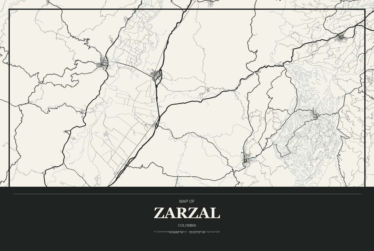 Zarzal, Colombia City Map Aluminum Sign in Museum Plaque style