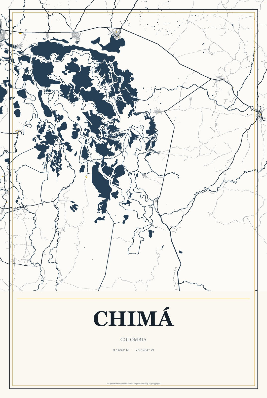Chimá, Colombia City Map Aluminum Sign in Citrine Modern style